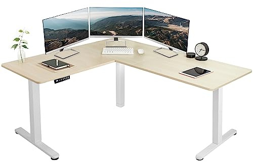 VIVO Corner Standing Desk, 63 x 55 inch Reversible L-Shaped Workstation, Electric Height Adjustment, Home, Office, and Reception Rooms, Light Wood Table Top White Frame, DESK-E3CTC