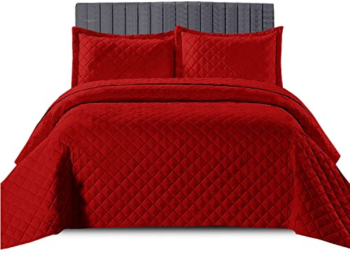 Jeté de lit matelassé pour décoration de chambre à coucher – Luxueux motif en relief chaud et léger – Parure de lit complète avec taies d'oreiller (simple, rouge)
