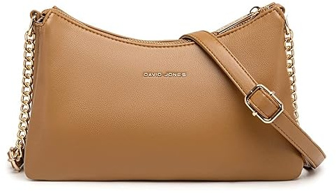 David Jones - Damen Umhängetasche Klein - Kette Handtasche Weich PU Leder - Crossbody Bag Flache 3 Fächern Schultertasche - Abendtasche Clutch Alltag Modisch Elegant Party Reise Arbeit - Cognac Braun