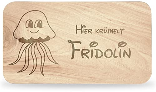 Frühstücksbrettchen Kinder - tolles Frühstücksbrettchen Holz mit Qualle | zum Personalisieren, personalisierte Geschenke Kinder, Schneidebrett mit Gravur, Geschenk zur Taufe/Einschulung