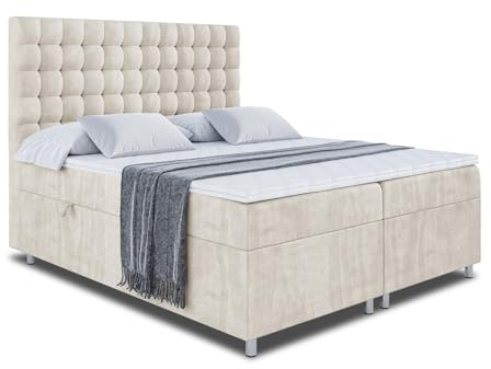 ALTDECOR Boxspringbett mit Matratze und Lattenrost, Boxbett, Topper, Polsterbett mit Bettkasten, Bett mit Stauraum H3-Matratze, Doppelbett, Springboxbett - VIONE - 120x200 Beige Samt