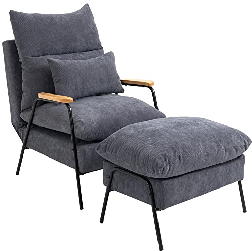 HOMCOM Relaxsessel mit Hocker Sessel mit Verstellbar Rückenlehne, Liegefunktion, Kissen, Loungesessel Modern Polstersessel mit Kord-Optik für Wohnzimmer bis 180 kg belastbar, Grau