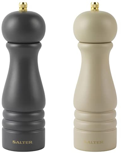 Salter COMBO-8676 Salt and Pepper Grinder Mills - Set of 2, Adjustable Grinding Fine to Coarse, Ceramic Mechanism, Suitable for Rock Salt/Peppercorns, Seasoning, Extra Cap Included, Beige/Charcoal