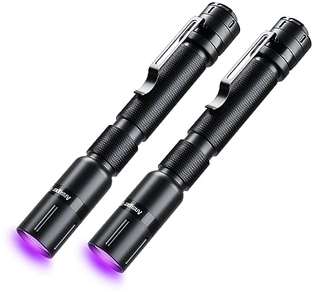 Ansyper CC Paquete de 2 linternas UV ultravioleta, 395 nm, mini linterna portátil y compacta, luz negra para detección de orina y manchas de mascotas, limpieza de hotel, comprobación de