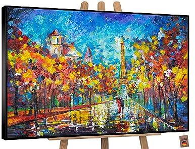 YS-Art Abstrakt Acryl Gemälde auf Leinwand Nachts in Paris handgemalt Wandbilder Wohnzimmer modern Wohndekor Bilder Büro romantische Allee echte Kunst mit Rahmen 140x100 cm