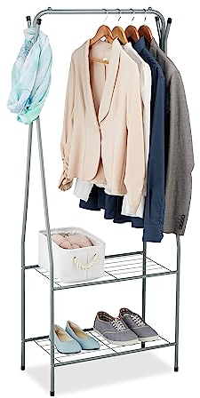 Relaxdays Perchero Burro Metálico con 4 Ganchos, 2 Baldas, Colgador para Ropa, 158 x 60 x 33 cm, Mueble Entrada, Gris, Hierro