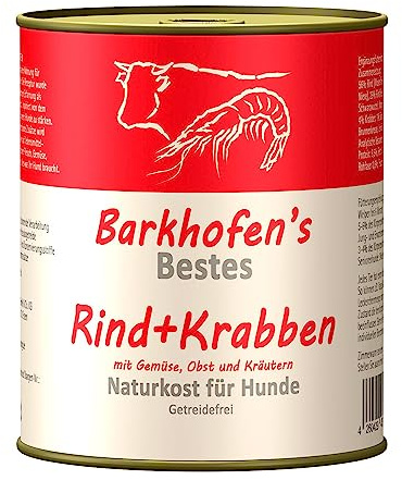 Barkhofen Tiernahrung Nassfutter für Ihren Hund 6X 800g – Hundefutter nass & getreidefrei mit Rind + Krabben - Hunde Futter in Dosen ohne Getreide