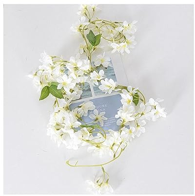 GIVBRO Artificial Flower Vine Garland, 1.8 m, 135 Heads, White, 1 Pc | Silk-fabric blossoms and leaves on a flexible wired stem, suitable for walls, doors, weddings and party decor