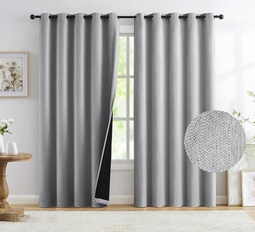 Grey Full Blackout Linen Curtains 90-inch-Long Thermal Insulated Noise Reducing Bedroom Drapes Rustic Farmhouse Triple Weave Window Treatment Set for Theatre, Nursery, 60x90x2, Grey