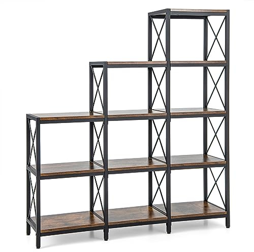 COSTWAY 4-Tier Bookshelf, 9 Cubes Bookcase Storage Shelving Unit with Carbon Steel Frame, Anti-Tipping Kits and Adjustable Foot Pads, Display Rack Shelf for Home Office, Living Room & Bedroom
