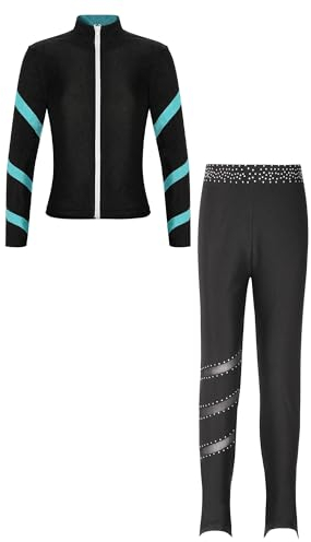 Alvivi Kinder Mädchen Sport Set Eiskunstlauf Anzug Langarm Sweatjacke Sweatshirt + Glitzer Hose Leggings Sportanzug Eislaufen Tanz Yoga Trainingsanzug Blau Grün 158-164