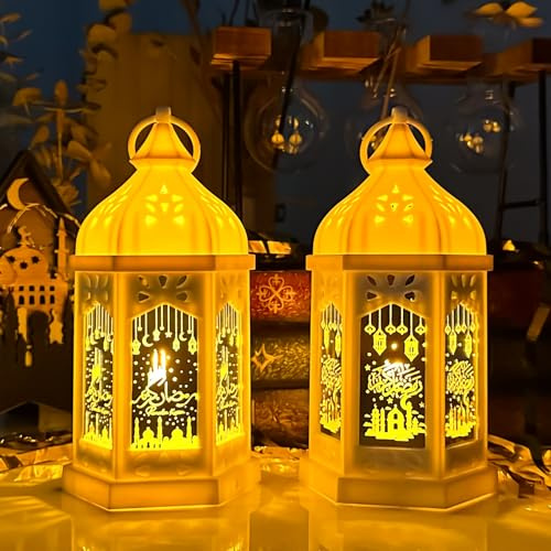 FUFRE 2 Stück Ramadan Deko Laterne, 18cm, Eid Mubarak Dekoration mit Warmweiß LED Licht, Mond Stern Windlichter Tischdeko für Islamische Muslimische Festival Dekorative