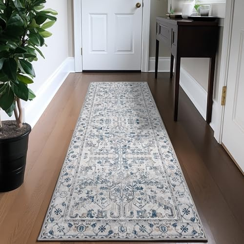 TOPICK Läufer 60x210cm Blau Teppich Vintage Faltbar Dünner Waschbar Teppichläufer Blumendruck Rutschfester Leichter Küche Badezimmer Eingangsmatte