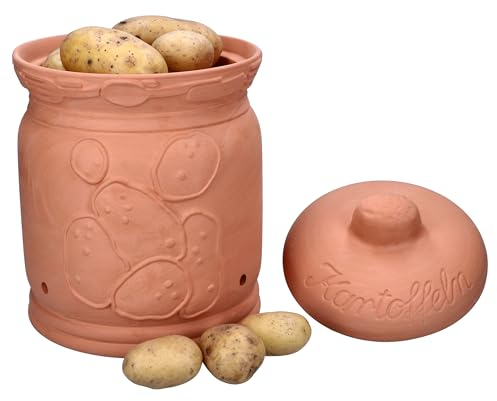 MamboCat Terra Kartoffeltopf aus Terrakotta I Ø 19,3cm I Tontopf mit Deckel für Ihre Küche I formschöne Aufbewahrungsdose mit Relief & Schriftzug I Ideal für die Lange Lagerung