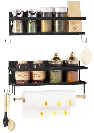 WOLTU Portaspezie da Cucina da 2 Pezzi, Mensole da Muro per Cucina, Mensole Nere con 4 Ganci Rimovibili e 1 Portarotolo, Portaspezie da Parete per Bagno, Soggiorno, in Metallo