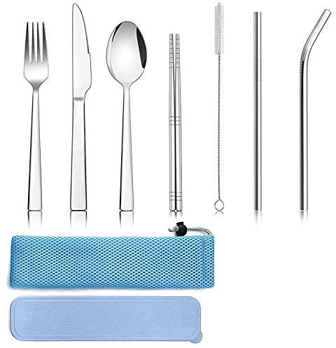 Lisher Reisebesteck-Set, 9-teilig, Campingbesteck-Set aus Edelstahl für 1, Y inklusive einer aus Silber, , Messer, Essstäbchen, Blau