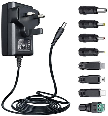 5V 2A 1.8M Power Supply Adapter with 8 Tips, DC 10W 2000mA 1500mA 1000mA 500mA Replacement Power Cord for Baby Monitor/Router/Speaker/TV Box/Graco Swing/Webcam/Tablet/USB Hub and More, UKCA Certified