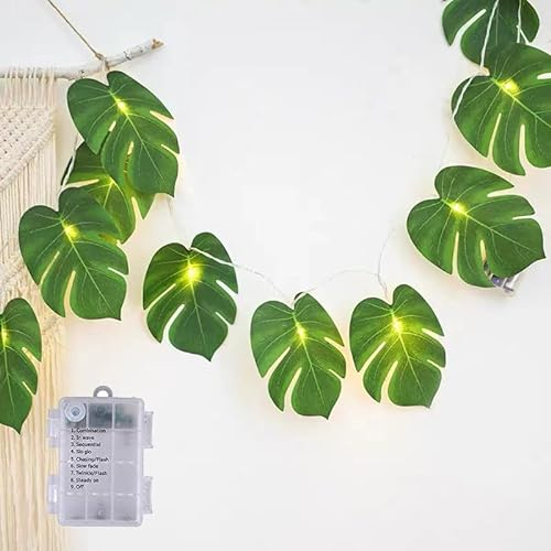 Monstera Leaf String Lights 20 LED 14ft Tropical Artificial Rattan Palm Leaves Wall Hanging Vine Leaf, Summer Decoration for Outdoor Indoor Hawaiian Luau Party Jungle Beach Theme Party Decorations
