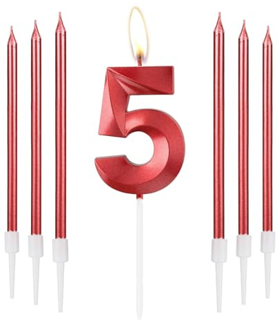 Rote Kerzen zum 5th Geburtstag, rote 3D Zahl 5 Zahlenkerzen, Dekor für Mädchen 5th Geburtstag, rote Kerzen-Kuchenaufsatz für Mädchen Frauen Geburtstag Party, rote lange Kerze,5th Hochzeitstag Dekor