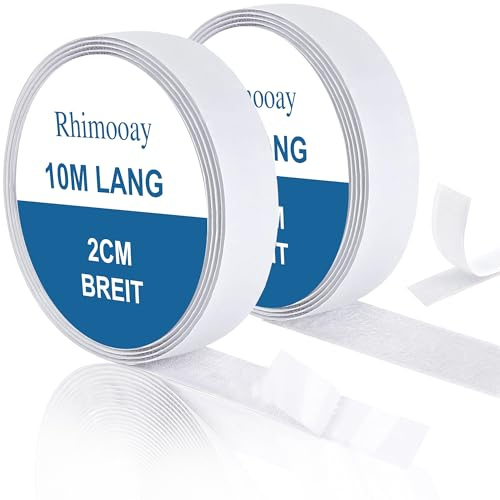 Rhimooay 10M Klettband Selbstklebend Extra Stark, 20mm Breit Klettverschluss Selbstklebend für Stoff, Klett Klebeband Fliegengitter, Doppelseitig Klebende mit Klettverschluss (Weiß)