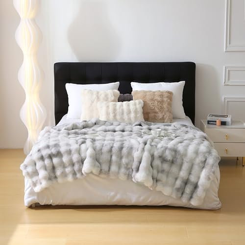 DREAMLANDING Faux Rabbit Fur Luxury Plush Sherpa Throw Blanket Reversible Fuzzy Warm Cozy Fluffy Fur Blanket for Bed Sofa Couch Home Decor (Grey Tie-dyed, 130 * 150cm)