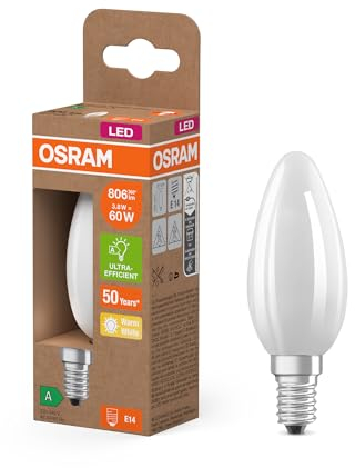 Osram Energy Class nella classica forma mini candela, 3,8 W / 806 lm, EEK A, luce bianca calda (2700 K), CRI 80, realizzata in vetro satinato senza piombo, attacco E14, IP20, diametro 35 mm.