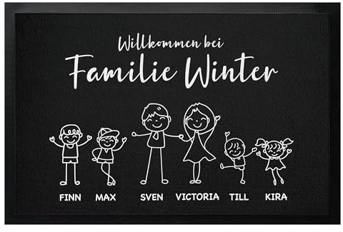 Fußmatten personalisiert Familie Namen Strichmännchen | Willkommen bei Familie Wunschtext bis 120cm | Türmatte Familie personalisiert | Geschenk Einzug, Umzug, Geburtstag (75x50cm)