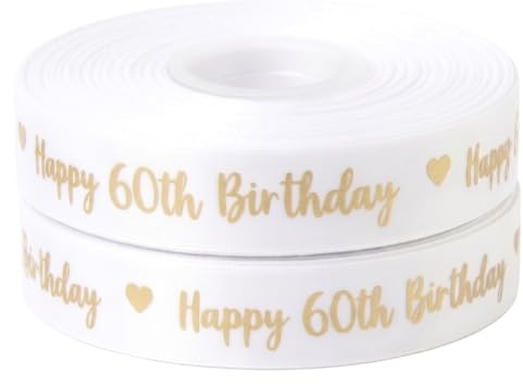 Satinband zum 60. Geburtstag, Weiß und Gold, 2 m x 25 mm, für Kuchen, Geschenkverpackung, Partydekoration, Basteln