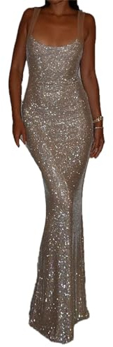 Vestito Lungo Aderente con Spalline Sottili Trasparenti da Donna, con Glitter, Lunghi Abiti con Spalline e Luccicanti