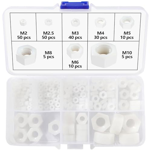Lyeteung 200 PCS M2/M2.5/M3/M4/M5/M6/M8/M10 Metric Thread Hexagon Fastener, Nylon Hex Nuts, Metric Coarse Thread Hexagon Nuts, White