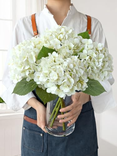 JINWOE White Flowers Hydrangea Artificial Flowers, 4Pcs 20 Real Touch Lifelike Faux Silk Flowers, Full Fake Artificial Hydrangeas with Stems for Bouquet Table Centerpieces Spring Home Decoration