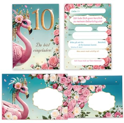 JuNa-Experten 12 Einladungskarten incl. 12 Umschläge zum 10. Kindergeburtstag Mädchen Flamingo coole bunte Einladungen zehnte Geburtstag Mädchengeburtstag