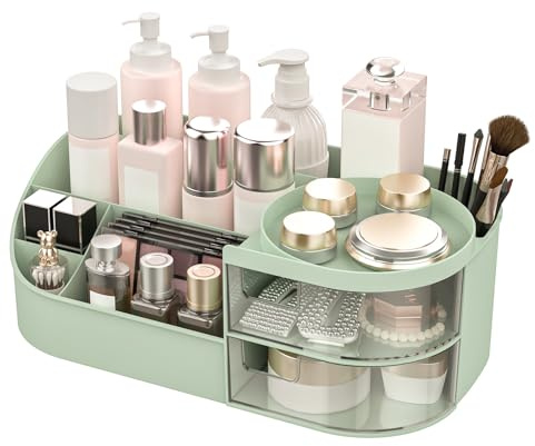 Makeup Organiser, Large Capacity Cosmetic Organisers for Beauty Skincare Jewelry, Make Up Storage Cosmetic Dressing Table Organiser Makeup Box with Drawer for Bedroom Bathroom Dresser Office (Green)
