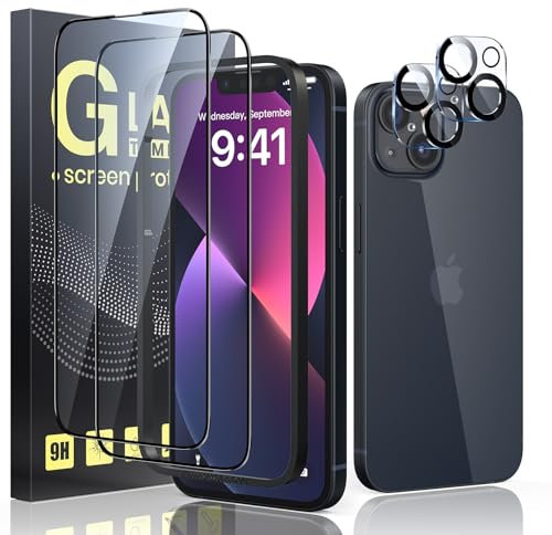Guretok 2 + 2 per vetro temperato con bordo nero per iPhone 13 con protezione fotocamera da 6,1 [con cornice], pellicola protettiva 9H per iPhone 13 [anti-bolle] [antigraffio] [HD trasparente]