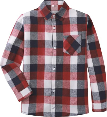 Camisa de algodón para niños mintgreen, a cuadros de manga larga, 6-12 años, Negro Rojo, 11-12 años