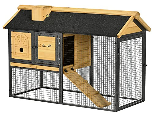 PawHut Conejera de Madera de 2 Niveles Jaula para Conejos con Zona Abierta Techo Asfáltico Bandeja Extraíble Puertas y Rampa Conejera para Exterior 120x55,5x80 cm Natural y Negro
