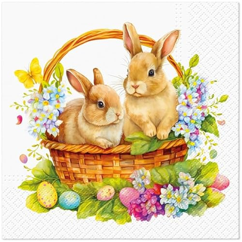 20 Servietten Ostern Zwei Hasen im Korb als Tischdeko. Papierservietten mit Motiv. Auch für Decoupage und Serviettentechnik 33x33cm