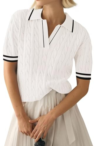 LACOZY Short Sleeve Sweaters for Women V Neck T-Shirts Spring Knit Polo Shirts Color Block Dressy Tops White 2XL
