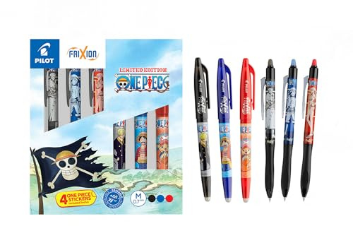 PILOT x ONE PIECE - Coffret Collector de 3 Frixion Ball + 3 FriXion Ball Plus + 4 Stickers - Stylos Effaçables - Édition limitée One Piece - Rollers rechargeables - Noir, Bleu, Rouge - Pointe Moyenne