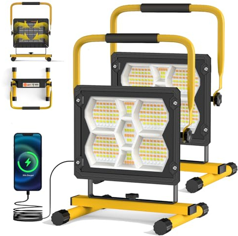 Sararoom LED Baustrahler Akku 100W, Tragbare LED Strahler Akku mit Solarpanel, 5 Lichtmodi&Powerbank, Dimmbar Notfallleuchte,IP65 Wasserdichte Arbeitsleuchte für Garage Werkstatt Camping Baustelle,2er