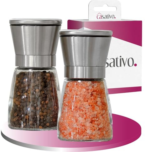 2er-Set Salz und Pfeffermühle aus Glas & Edelstahl - Hochwertiges Keramik-Mahlwerk - 160ml Ø 13,2cm - Mahlgrad stufenlos einstellbar - Gewürzmühle für maximales Aroma - Elegantes Design