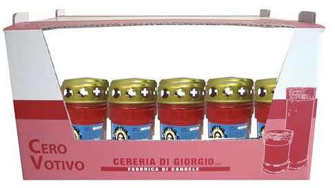 Cereria Di Giorgio - Confezione da 30 Ceri Votivi dedicati al Sacro Cuore con Parapioggia - Colore rosso - Modello P30 - Durata 32 ore
