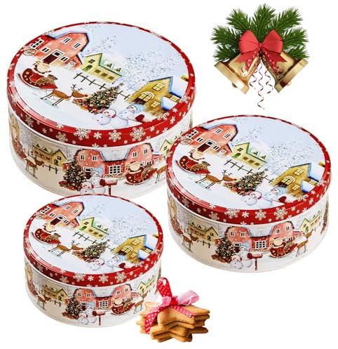 YAOYIN 3er Set Keksdose Weihnachten, Keksdosen Groß aus Metall, Rund Plätzchendose Gebäckdose, Aufbewahrungsbox Weihnachten für Gebäck,Snacks und Geschenke