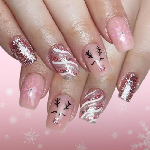 Nymora 24 Ongles Press - On Mat de Noël - Design à Flocons de Neige Blancs et Rayures - Ongles Autocollants - Ongles Artificiels - Fake Nails