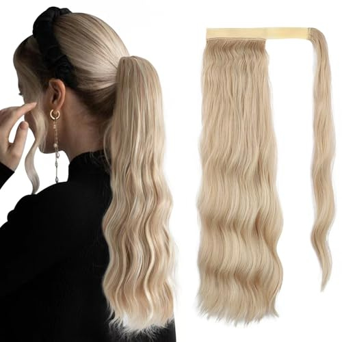 Hästsvans hårdel, lång vågig Wrap runt ponytail förlängning | Syntetisk klämma i hårstycke fläta hårförlängningar för kvinnor (18/613 Ash Brown & Bleach Blonde, lång)