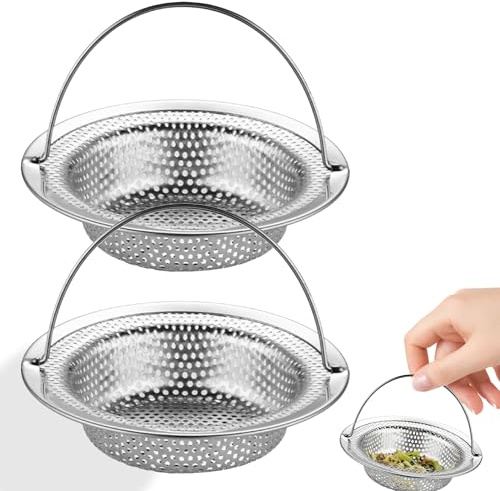 2Pcs Kitchen Sink Strainer, Stainless Steel Sink Plug Strainer with Handle | Effectively Collects All Waste, Prevents Clogging, Reusable, Dia 8cm Anti Clogging Drain Strainer Sink Food Catcher Basket