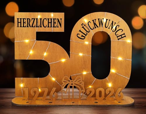 ARTREE Geldgeschenk 50. Geburtstag für Frau & Mann 1976-2026, Goldene Hochzeit Geldgeschenk aus Holz mit LED Lichterkette, Schild Gästebuch – Tischdeko & Geldgeschenk in einem, Jubiläum Geschenk