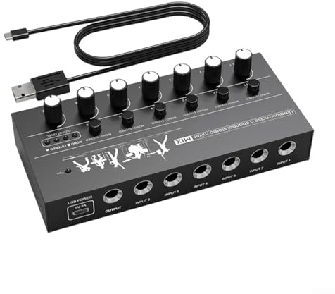 Mini mixer audio stereo a 6 o 8 canali con ingresso XLR per microfono, chitarra, basso, uso professionale in studio e suono dal vivo, nero (6 canali)