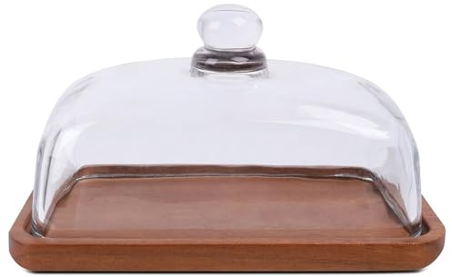 Buhdjfnke Mantequera de cristal con tapa de madera, tarro de queso transparente con cúpula, queso transparente con cúpula, bandeja para mantequilla para mesa y encimera