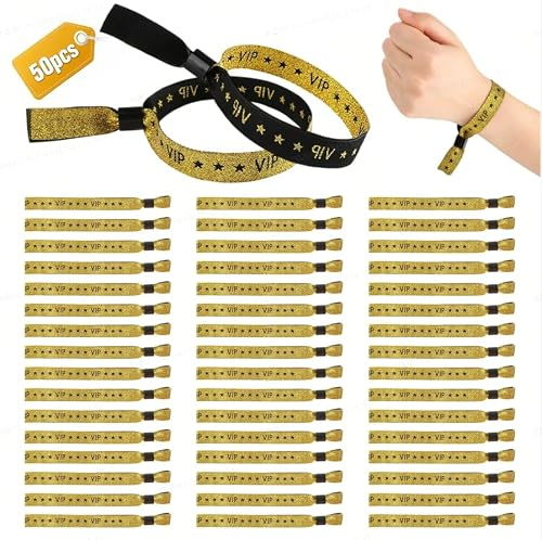50 Stück VIP Stoff Einlassbänder, Doppelseitig Design, Glitzer, Einstellbar | Armbänder, Gold Schwarze, Polyester, 34 cm × 1,5 cm, Verschleißbeständig, für Party, für Konzerte, für Hochzeit